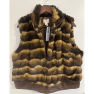NWT Chico's Vest Faux Fur‎ Animal Print Bomber Size 2 LG Brown Faux Leather Trim